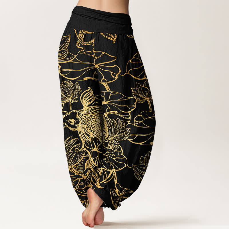 Buddha Stones Pantalon harem à taille élastique pour femme, en coton, motif poissons et lotus. - image 7