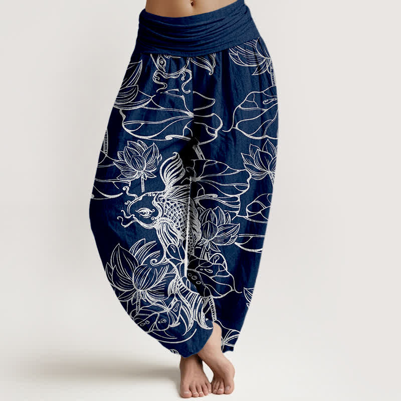 Buddha Stones Pantalon harem à taille élastique pour femme, en coton, motif poissons et lotus. - Marine - US16，UK/AU20，EU48 (3XL) - image 8