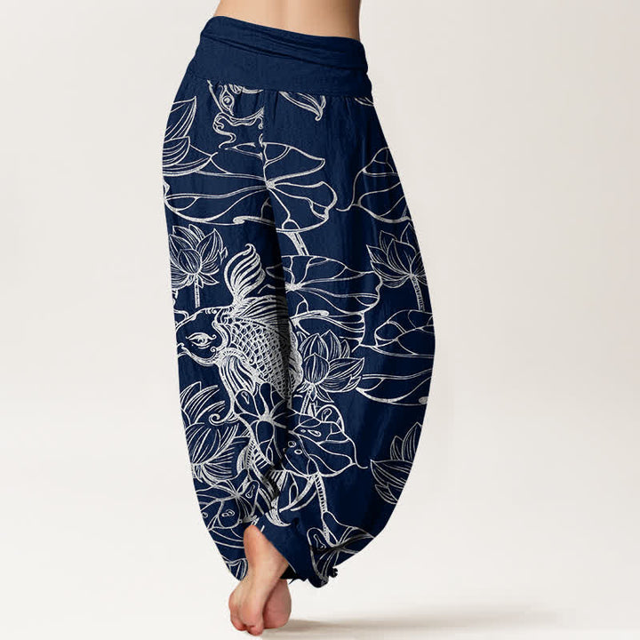 Buddha Stones Pantalon harem à taille élastique pour femme, en coton, motif poissons et lotus. - image 10