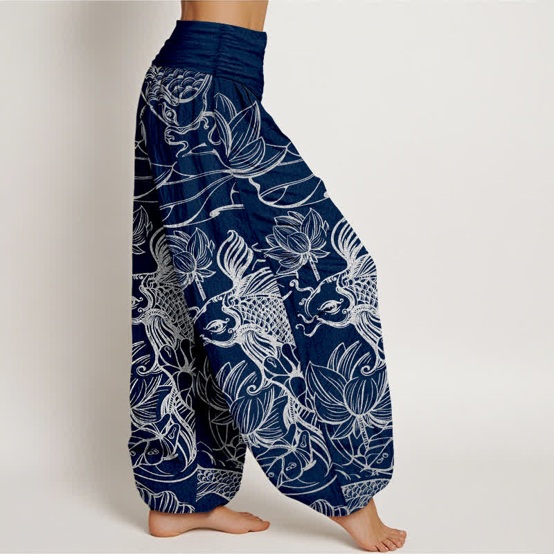 Buddha Stones Pantalon harem à taille élastique pour femme, en coton, motif poissons et lotus. - image 9