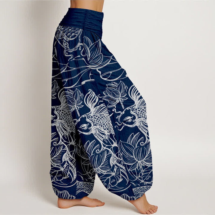 Buddha Stones Pantalon harem à taille élastique pour femme, en coton, motif poissons et lotus. - image 9