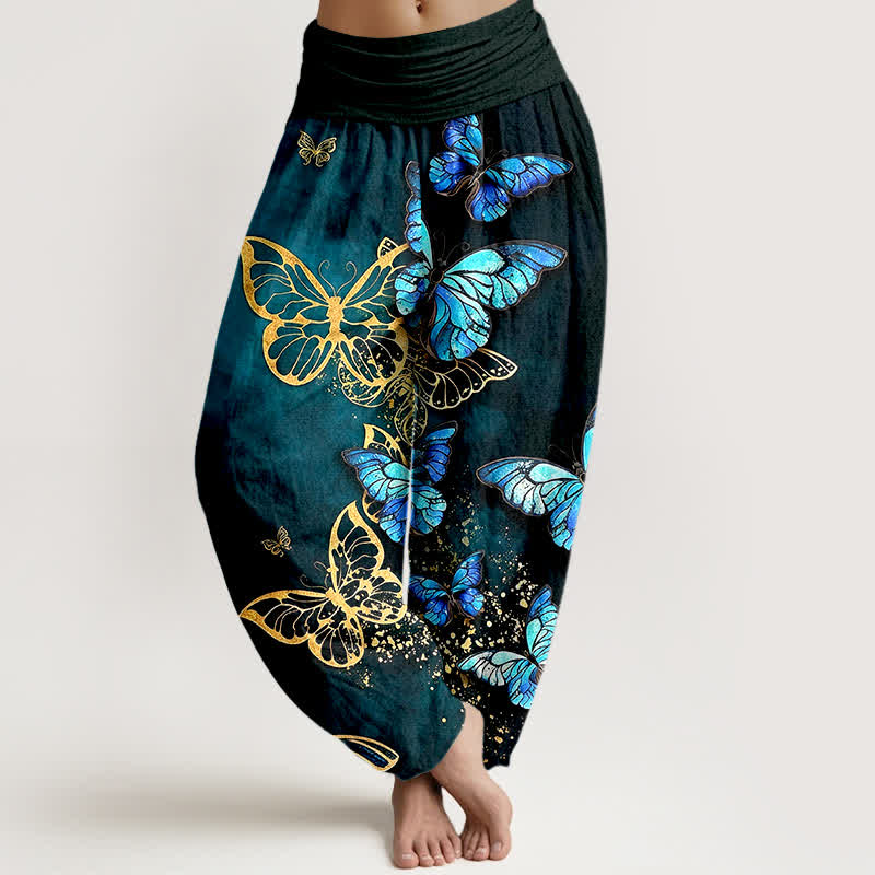 Buddha Stones Pantalon harem pour femme en coton à motif papillon lumineux artistique et taille élastique - Sarcelle - US16，UK/AU20，EU48 (3XL) - image 0