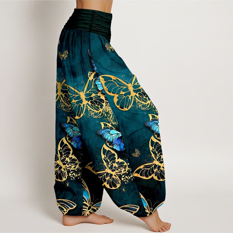 Buddha Stones Pantalon harem pour femme en coton à motif papillon lumineux artistique et taille élastique - image 1