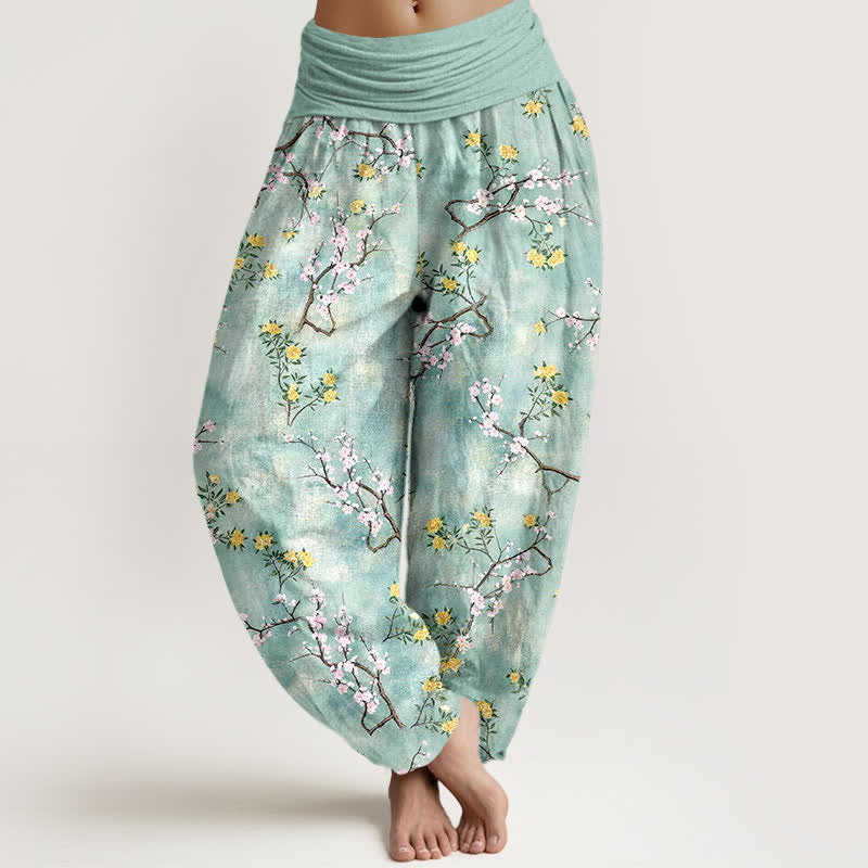 Buddha Stones Pantalon harem à taille élastique pour femme, en coton, à motif floral botanique. - Bleu vert - US16，UK/AU20，EU48 (3XL) - image 0