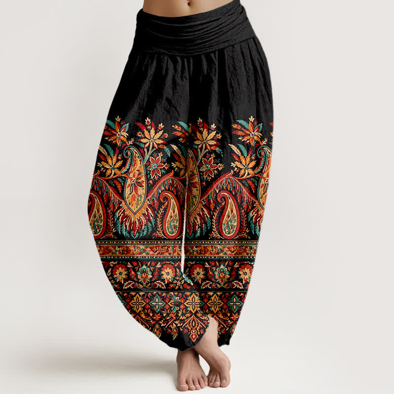 Buddha Stones Pantalon harem à taille élastique pour femme, en coton à motif cachemire ethnique. - Noir - US16，UK/AU20，EU48 (3XL) - image 0