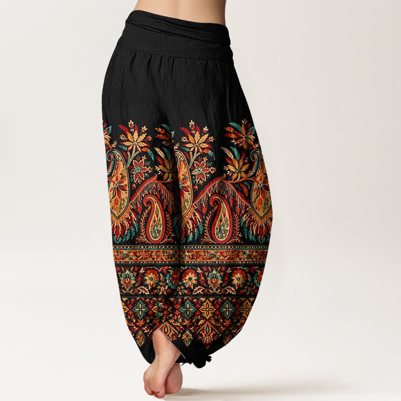 Buddha Stones Pantalon harem à taille élastique pour femme, en coton à motif cachemire ethnique. - image 2