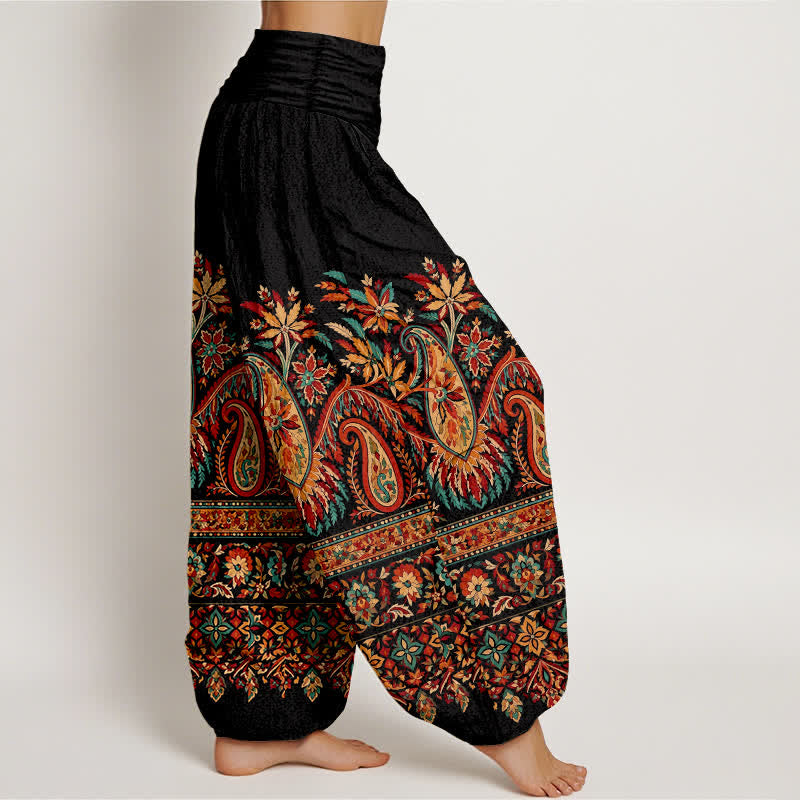 Buddha Stones Pantalon harem à taille élastique pour femme, en coton à motif cachemire ethnique. - image 1