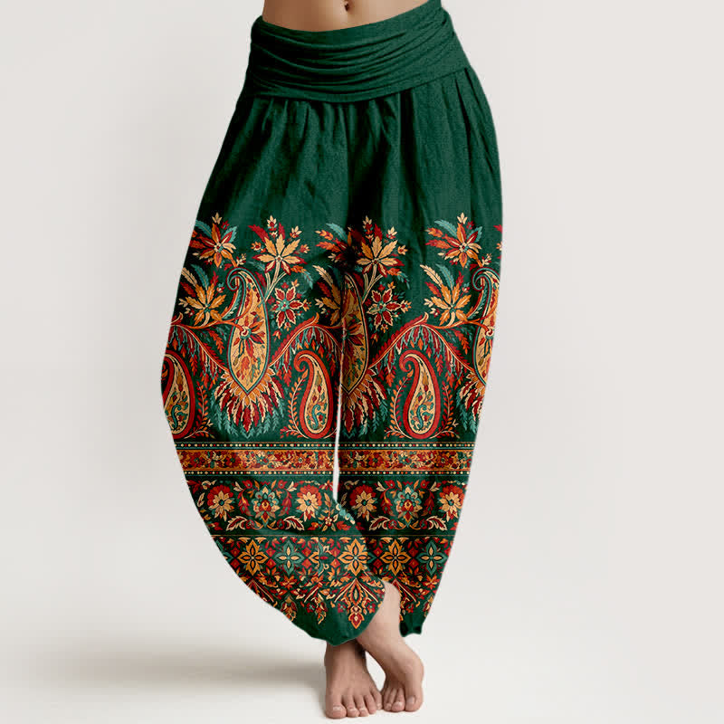 Buddha Stones Pantalon harem à taille élastique pour femme, en coton à motif cachemire ethnique. - Vert forêt - US16，UK/AU20，EU48 (3XL) - image 5
