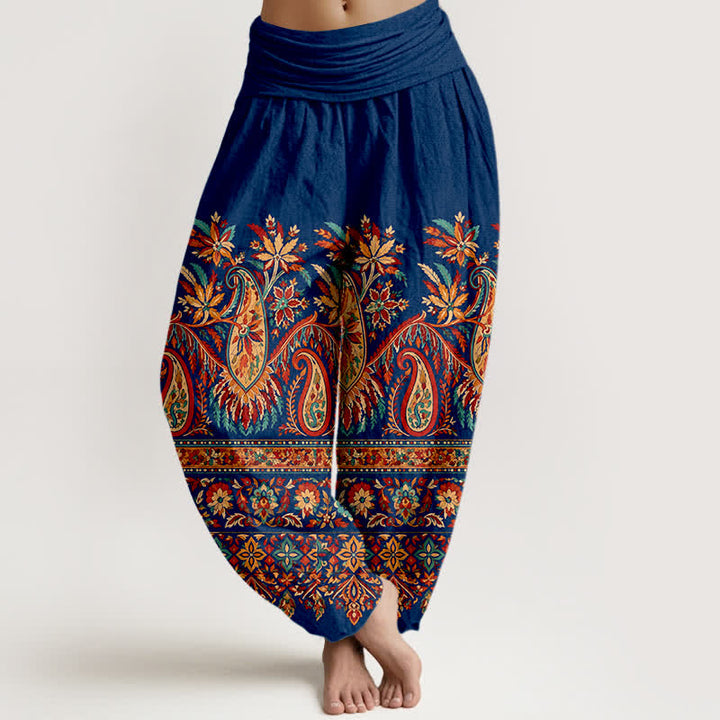Buddha Stones Pantalon harem à taille élastique pour femme, en coton à motif cachemire ethnique. - Marine - US16，UK/AU20，EU48 (3XL) - image 8
