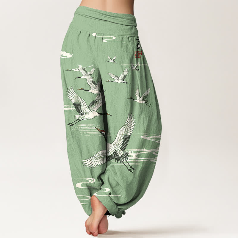 Buddha Stones Pantalon harem à taille élastique pour femme, en coton, motif grues orientales et vagues. - image 2
