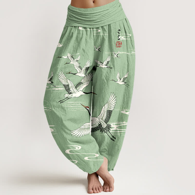 Buddha Stones Pantalon harem à taille élastique pour femme, en coton, motif grues orientales et vagues. - Vert pâle - US16，UK/AU20，EU48 (3XL) - image 0