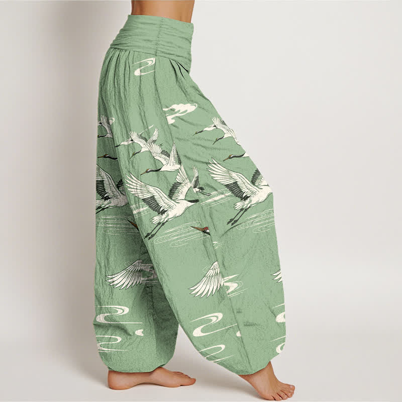 Buddha Stones Pantalon harem à taille élastique pour femme, en coton, motif grues orientales et vagues. - image 1