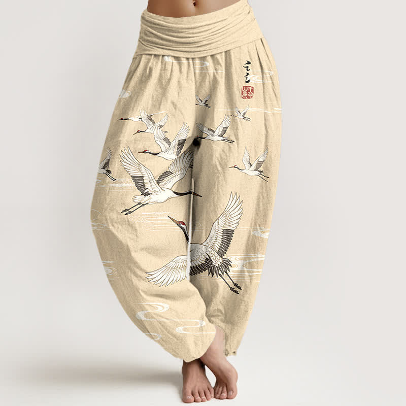 Buddha Stones Pantalon harem à taille élastique pour femme, en coton, motif grues orientales et vagues. - LemonChiffon - US16，UK/AU20，EU48 (3XL) - image 5