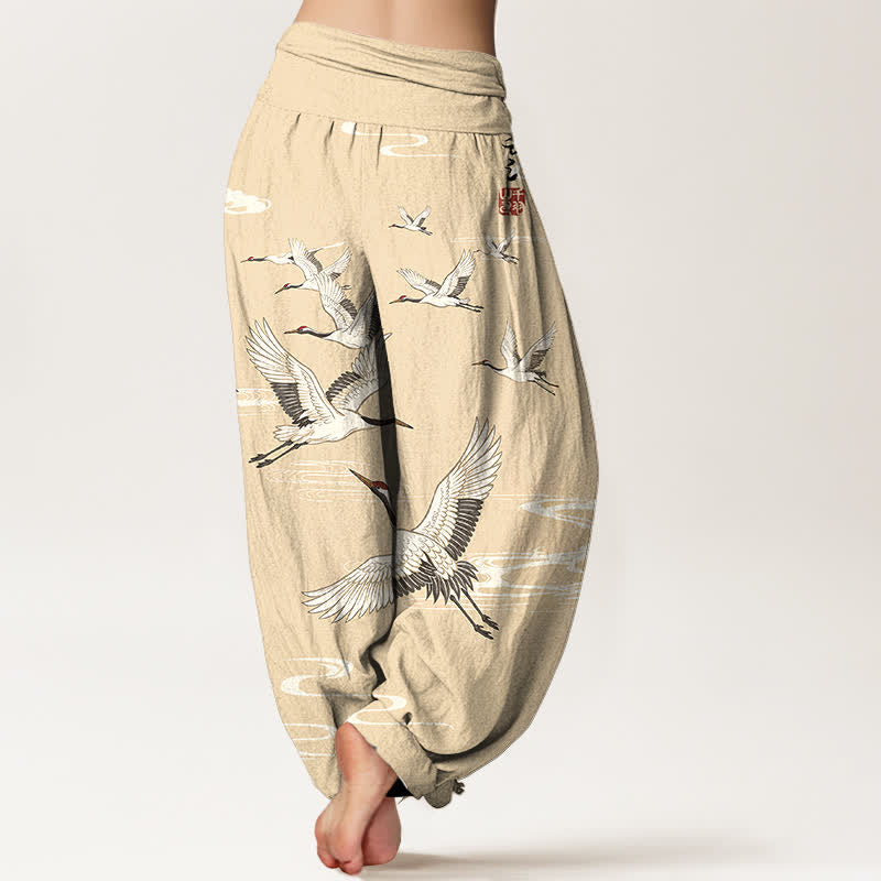 Buddha Stones Pantalon harem à taille élastique pour femme, en coton, motif grues orientales et vagues. - image 7