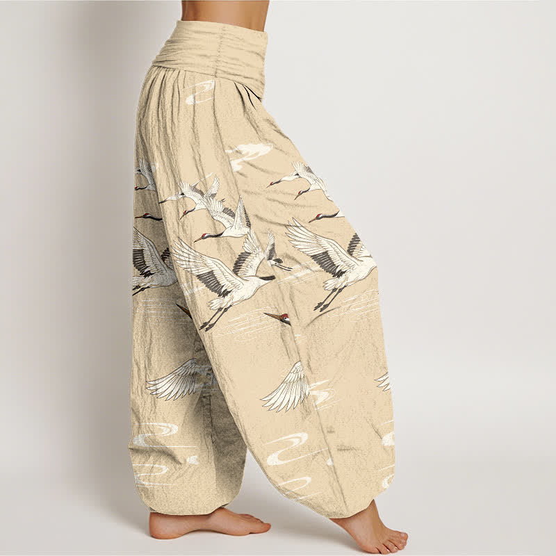 Buddha Stones Pantalon harem à taille élastique pour femme, en coton, motif grues orientales et vagues. - image 6