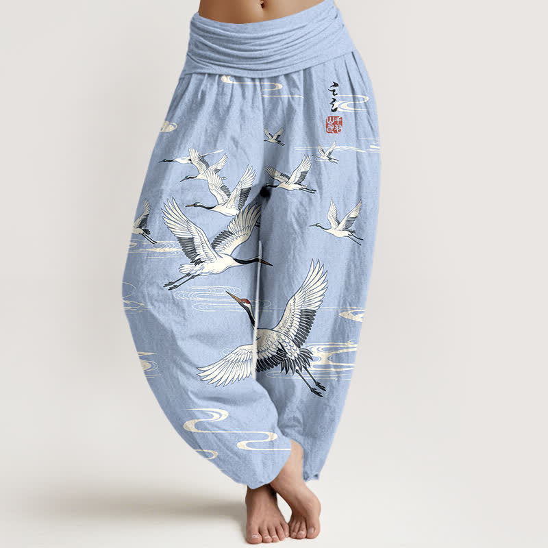 Buddha Stones Pantalon harem à taille élastique pour femme, en coton, motif grues orientales et vagues. - Bleu clair - US16，UK/AU20，EU48 (3XL) - image 8
