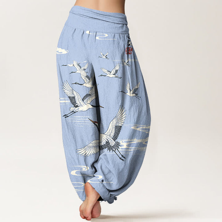 Buddha Stones Pantalon harem à taille élastique pour femme, en coton, motif grues orientales et vagues. - image 10