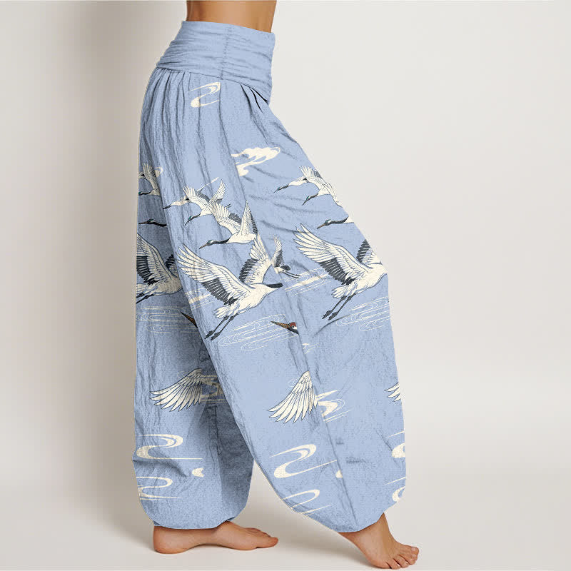 Buddha Stones Pantalon harem à taille élastique pour femme, en coton, motif grues orientales et vagues. - image 9