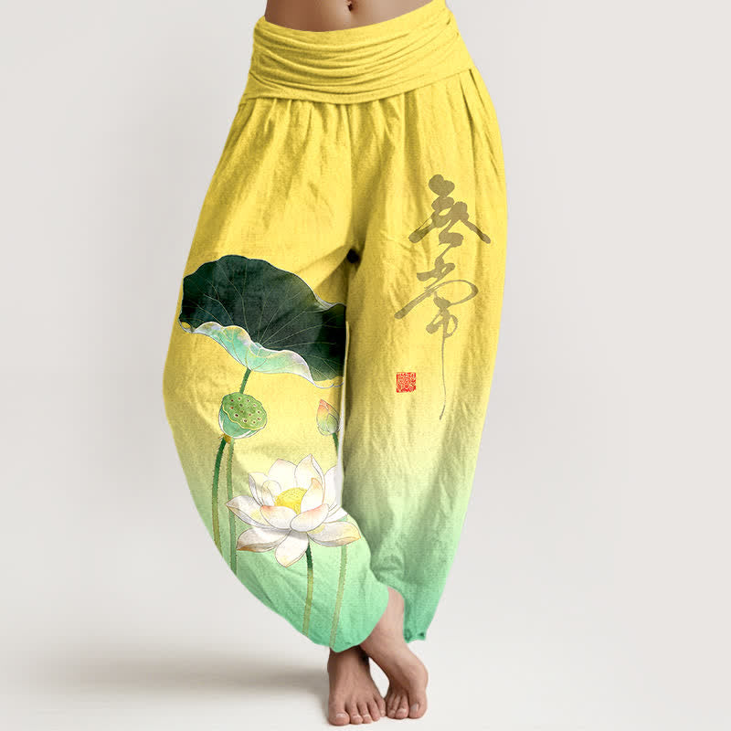 Buddha Stones Pantalon harem en coton élégant à motif de fleur de lotus et taille élastique pour femme - Jaune - US16，UK/AU20，EU48 (3XL) - image 0