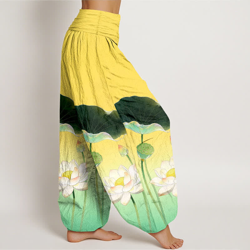 Buddha Stones Pantalon harem en coton élégant à motif de fleur de lotus et taille élastique pour femme - image 1