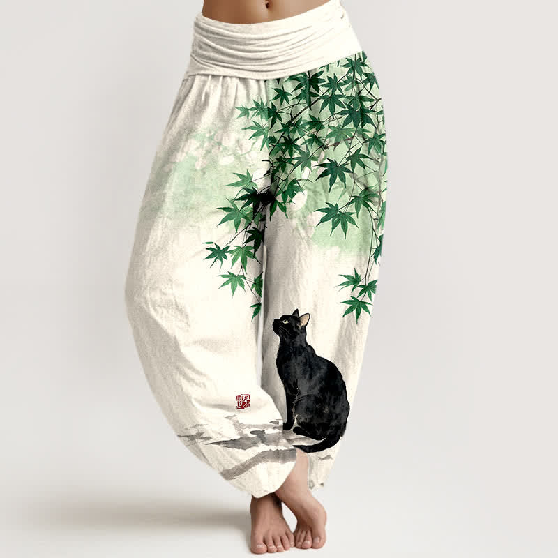 Buddha Stones Pantalon harem à taille élastique pour femme, en coton, motif chat et feuille d'érable - Vert d'eau - US16，UK/AU20，EU48 (3XL) - image 0