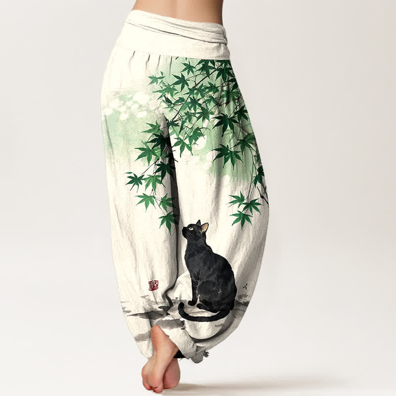 Buddha Stones Pantalon harem à taille élastique pour femme, en coton, motif chat et feuille d'érable - image 2