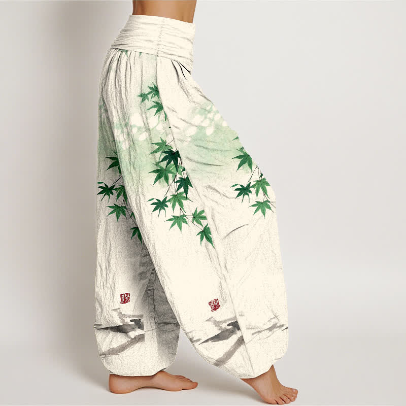 Buddha Stones Pantalon harem à taille élastique pour femme, en coton, motif chat et feuille d'érable - image 1