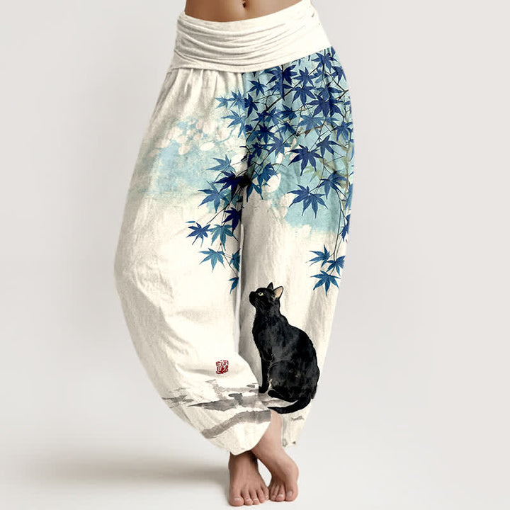 Buddha Stones Pantalon harem à taille élastique pour femme, en coton, motif chat et feuille d'érable - Bleu - US16，UK/AU20，EU48 (3XL) - image 5