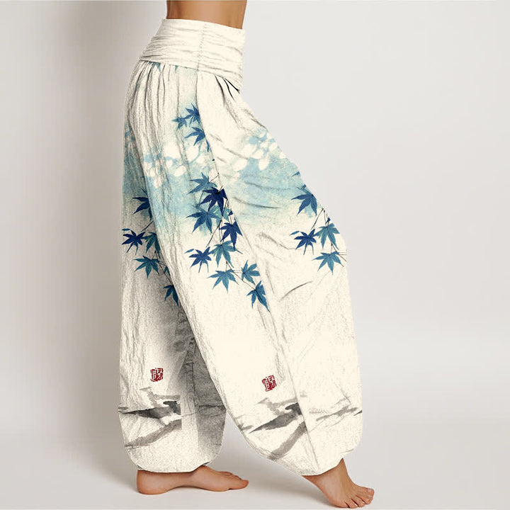 Buddha Stones Pantalon harem à taille élastique pour femme, en coton, motif chat et feuille d'érable - image 6
