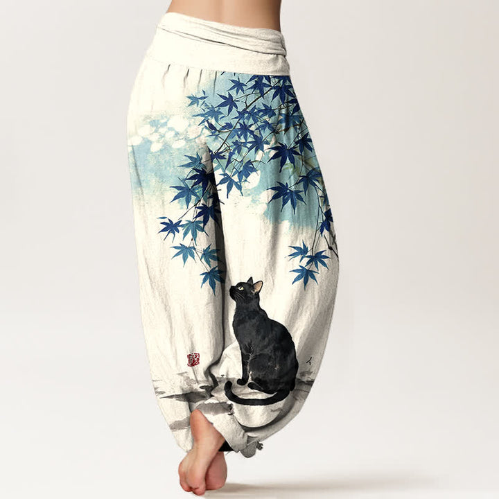 Buddha Stones Pantalon harem à taille élastique pour femme, en coton, motif chat et feuille d'érable - image 7