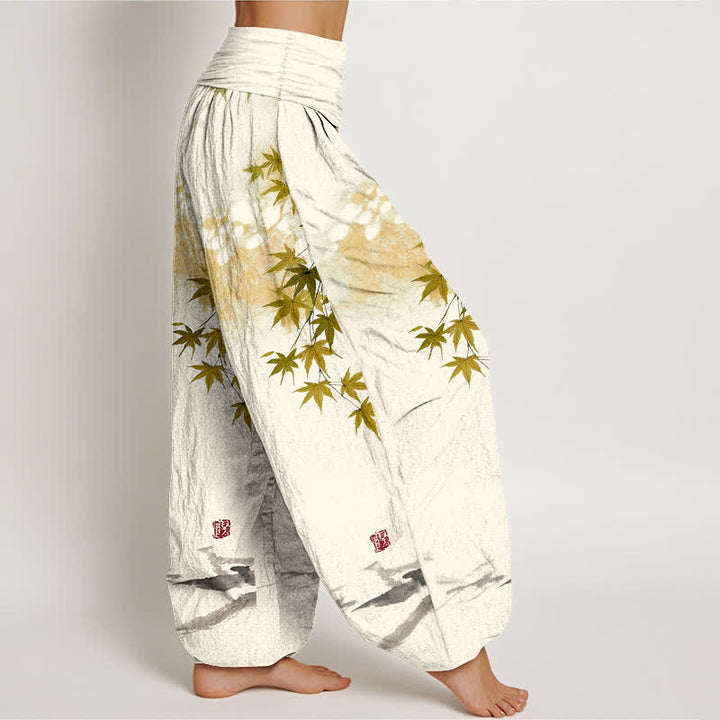 Buddha Stones Pantalon harem à taille élastique pour femme, en coton, motif chat et feuille d'érable - image 9