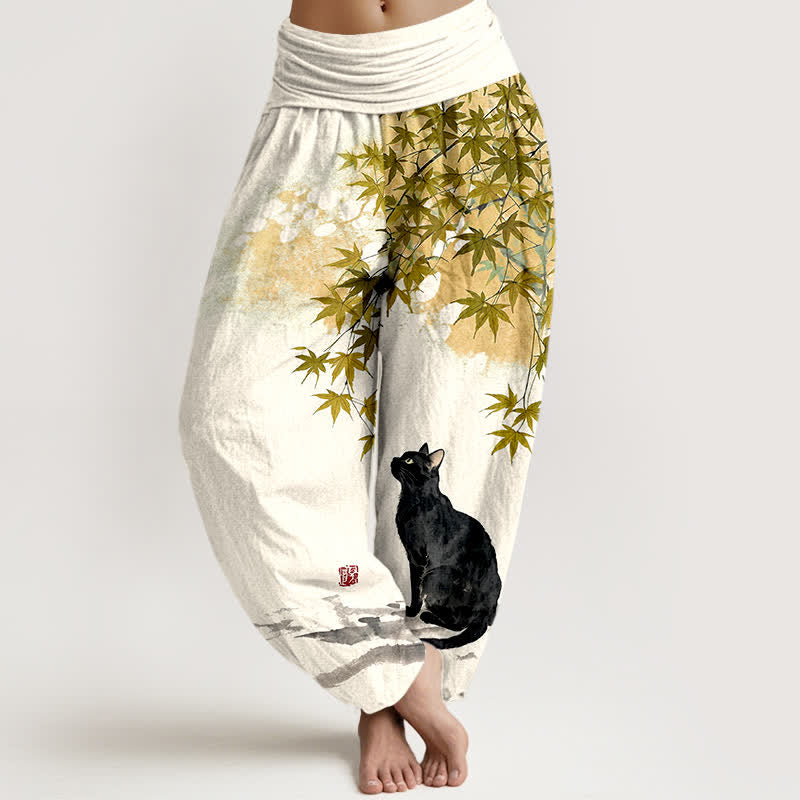 Buddha Stones Pantalon harem à taille élastique pour femme, en coton, motif chat et feuille d'érable - verge d'or - US16，UK/AU20，EU48 (3XL) - image 8
