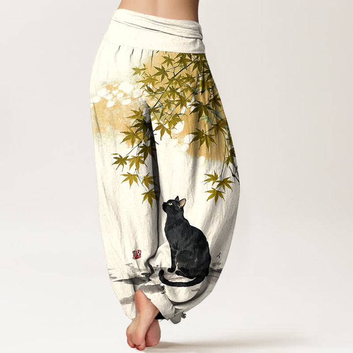 Buddha Stones Pantalon harem à taille élastique pour femme, en coton, motif chat et feuille d'érable - image 10