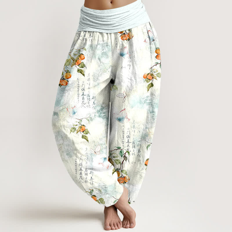 Buddha Stones Pantalon harem à taille élastique pour femme, motif papillon et agrumes calligraphié à l'encre de coton - Cyan clair - US16，UK/AU20，EU48 (3XL) - image 0