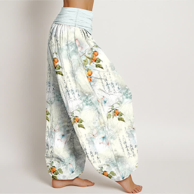 Buddha Stones Pantalon harem à taille élastique pour femme, motif papillon et agrumes calligraphié à l'encre de coton - image 1
