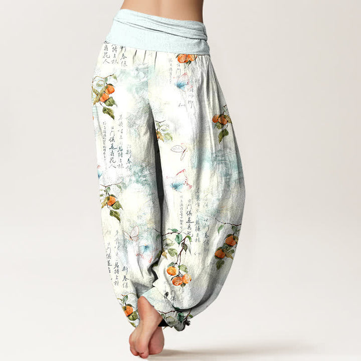 Buddha Stones Pantalon harem à taille élastique pour femme, motif papillon et agrumes calligraphié à l'encre de coton - image 2