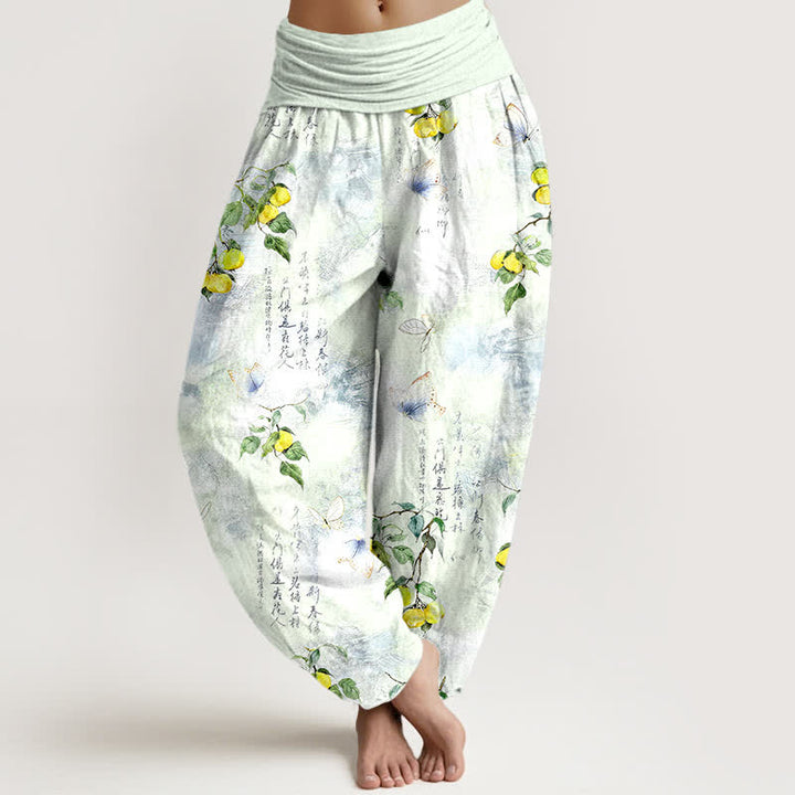 Buddha Stones Pantalon harem à taille élastique pour femme, motif papillon et agrumes calligraphié à l'encre de coton - Melon miellat - US16，UK/AU20，EU48 (3XL) - image 8