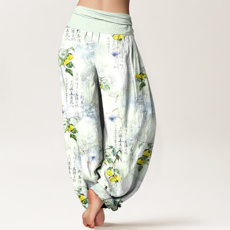 Buddha Stones Pantalon harem à taille élastique pour femme, motif papillon et agrumes calligraphié à l'encre de coton - image 10