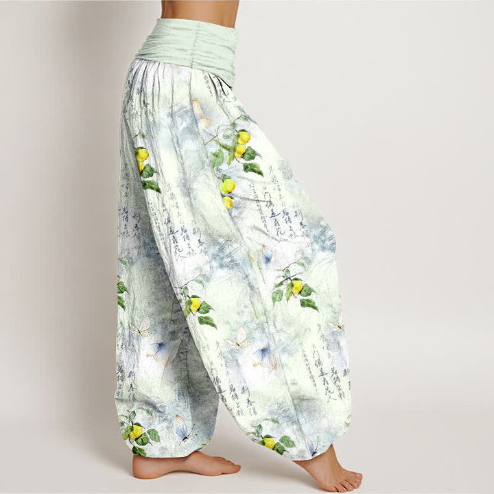 Buddha Stones Pantalon harem à taille élastique pour femme, motif papillon et agrumes calligraphié à l'encre de coton - image 9