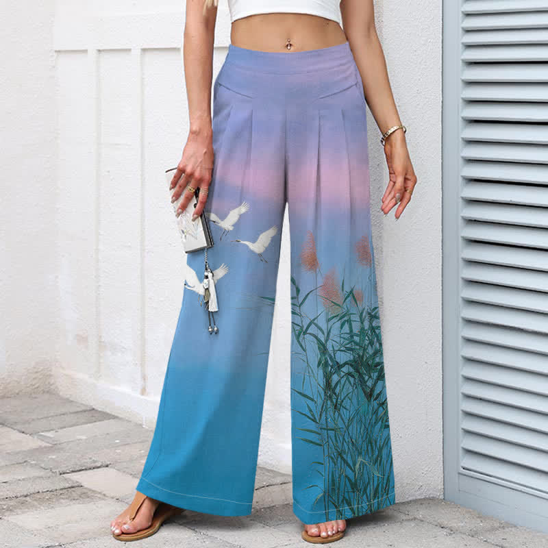 Buddha Stones Pantalon large pour femme en coton et lin dégradé, motif roseau, taille élastique et poches - image 1