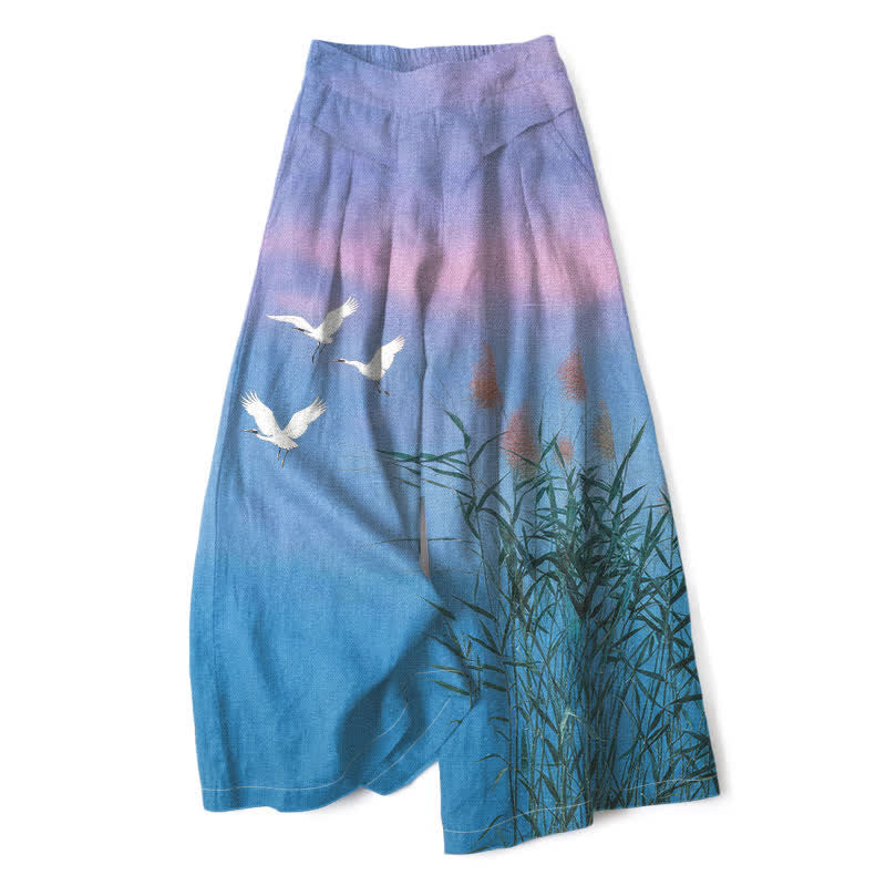 Buddha Stones Pantalon large pour femme en coton et lin dégradé, motif roseau, taille élastique et poches - Bleu ciel profond - US16，UK/AU20，EU48 (3XL) - image 0