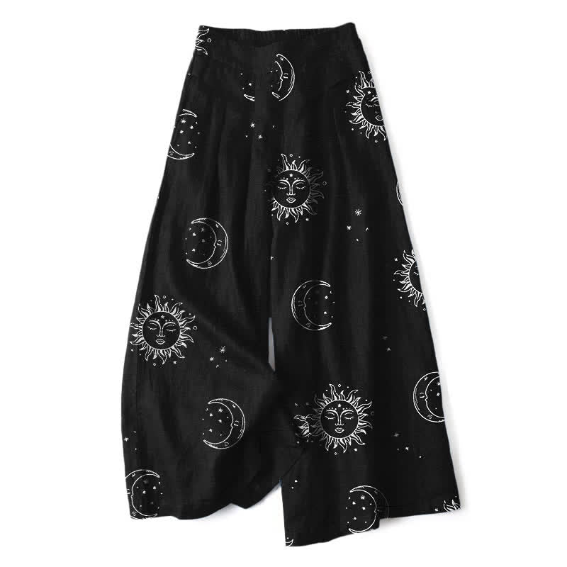 Buddha Stones Pantalon large en coton et lin à motif céleste soleil et lune pour femme, taille élastique et poches - Noir - US16，UK/AU20，EU48 (3XL) - image 0
