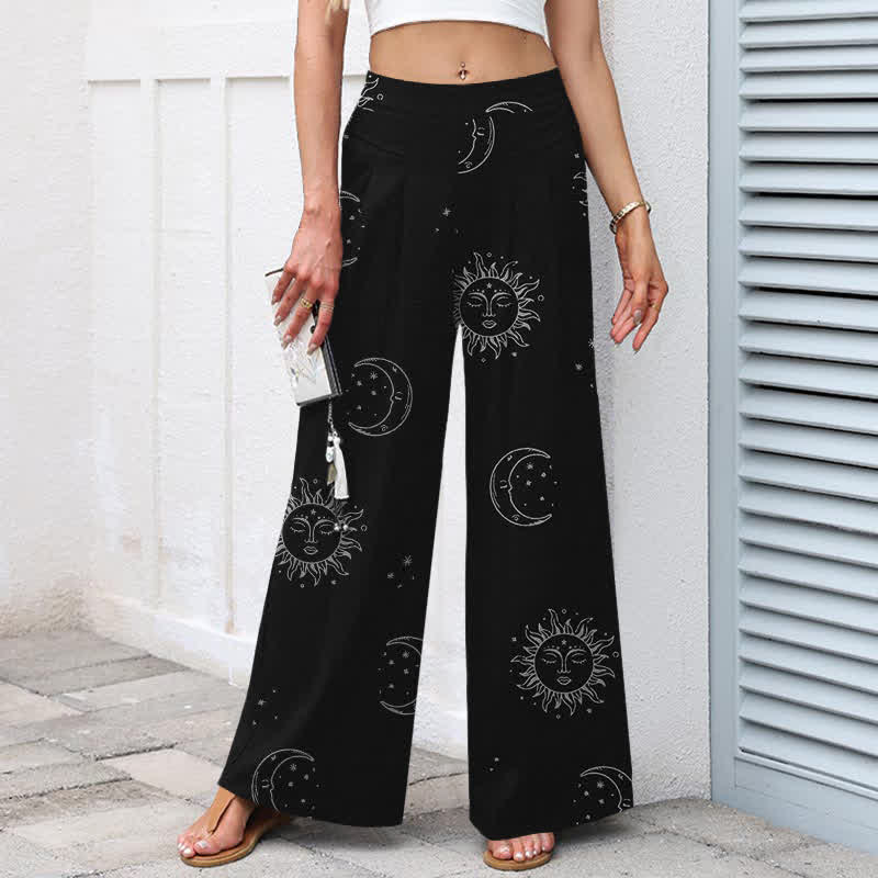Buddha Stones Pantalon large en coton et lin à motif céleste soleil et lune pour femme, taille élastique et poches - image 1