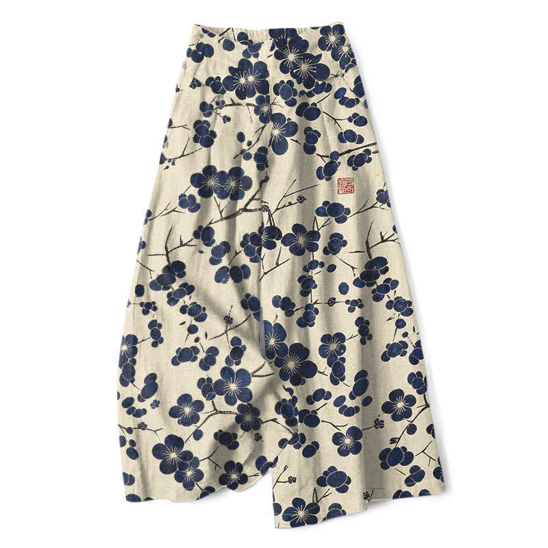 Buddha Stones Pantalon large pour femme en coton et lin, motif floral indigo vintage, taille élastique et poches - Beige - US16，UK/AU20，EU48 (3XL) - image 0