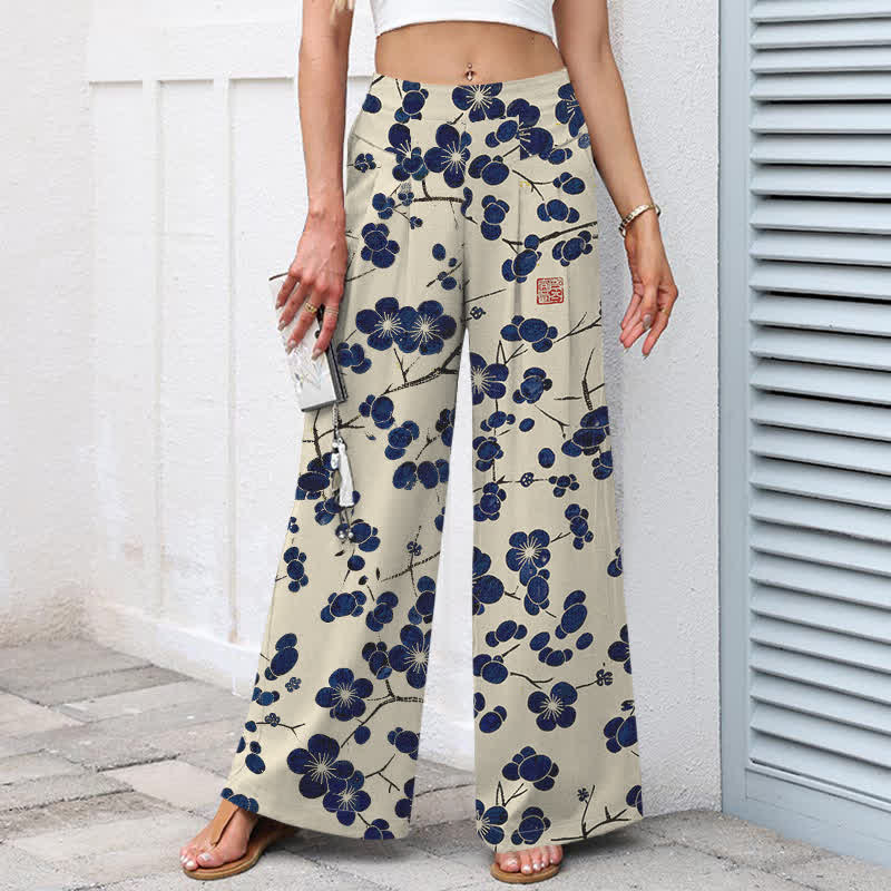 Buddha Stones Pantalon large pour femme en coton et lin, motif floral indigo vintage, taille élastique et poches - image 1