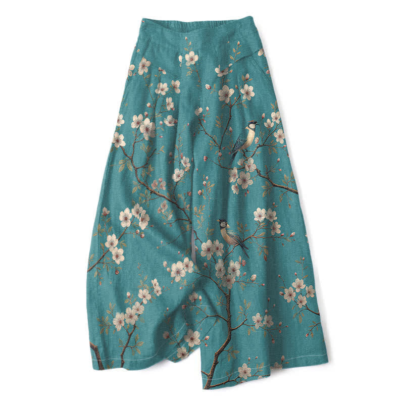 Buddha Stones Pantalon large en coton et lin à motif floral vintage et oiseaux, avec taille élastique et poches, pour femme - Turquoise moyen - US16，UK/AU20，EU48 (3XL) - image 0