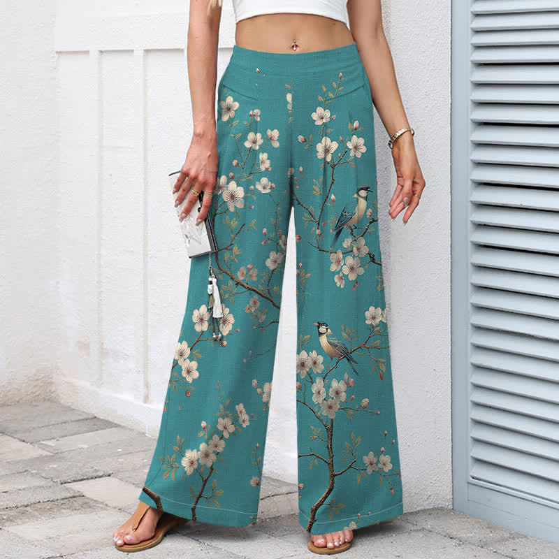 Buddha Stones Pantalon large en coton et lin à motif floral vintage et oiseaux, avec taille élastique et poches, pour femme - image 1