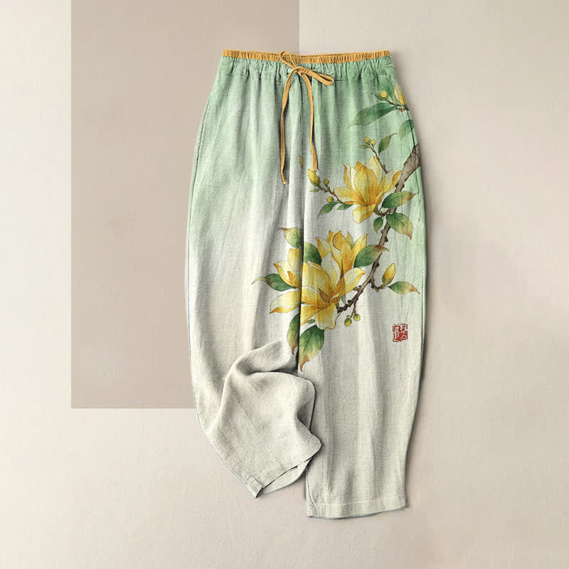 Buddha Stones Pantalon pour femme en pur coton, motif magnolia, taille élastique et poches - Vert pâle - US16，UK/AU20，EU48 (3XL) - image 0