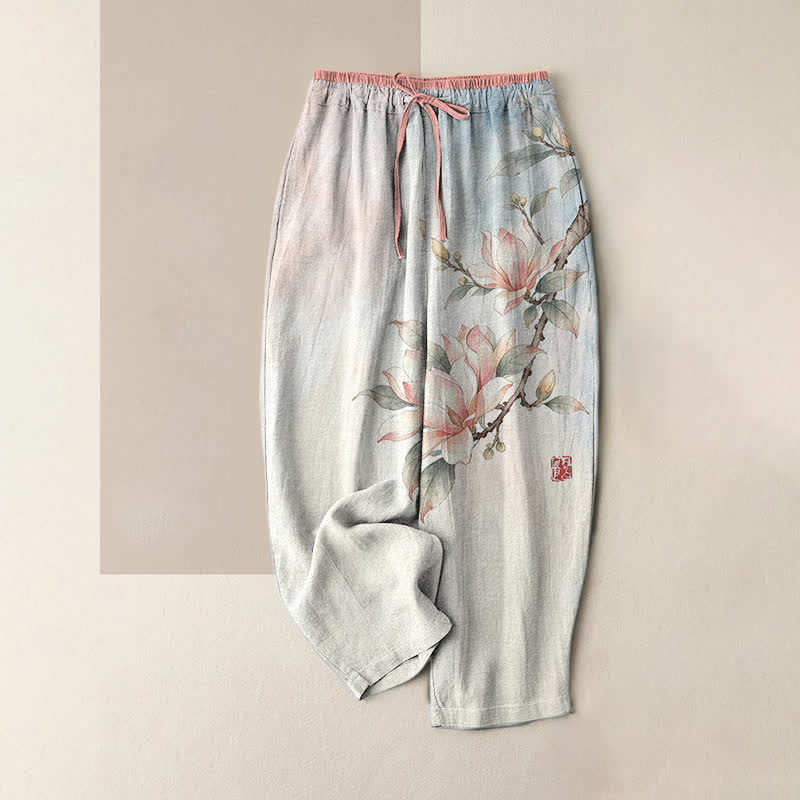 Buddha Stones Pantalon pour femme en pur coton, motif magnolia, taille élastique et poches - Rose - US16，UK/AU20，EU48 (3XL) - image 3