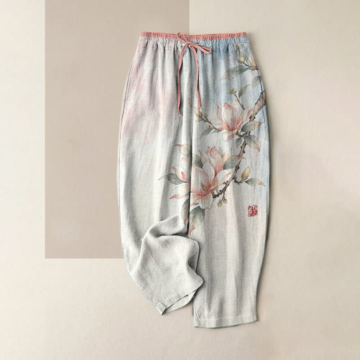 Buddha Stones Pantalon pour femme en pur coton, motif magnolia, taille élastique et poches - Rose - US16，UK/AU20，EU48 (3XL) - image 3